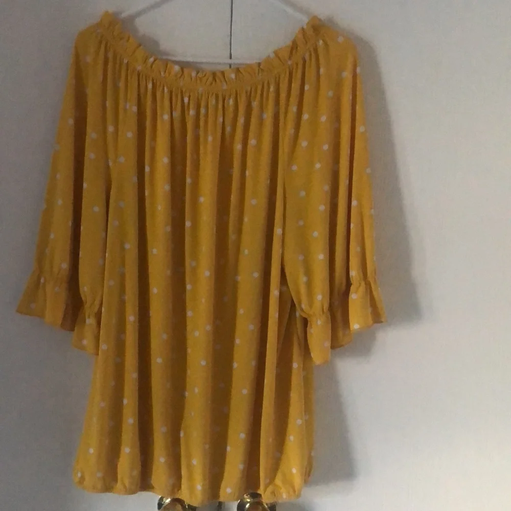 Woman’s Polkadot feminine spring yellow dainty office siren ruffled blouse top - Picture 12 of 12